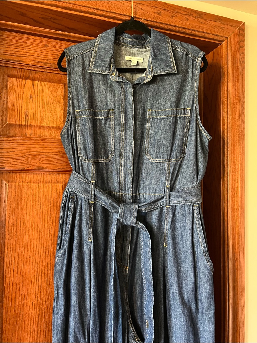 Sleeveless Denim Jumpsuit with Tie Waist - Denim Blue